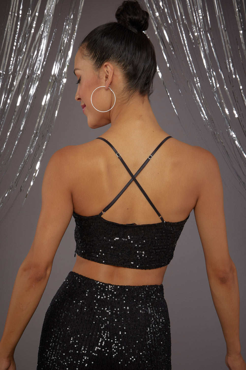 Sequin Cowl Neck Crop Top Black