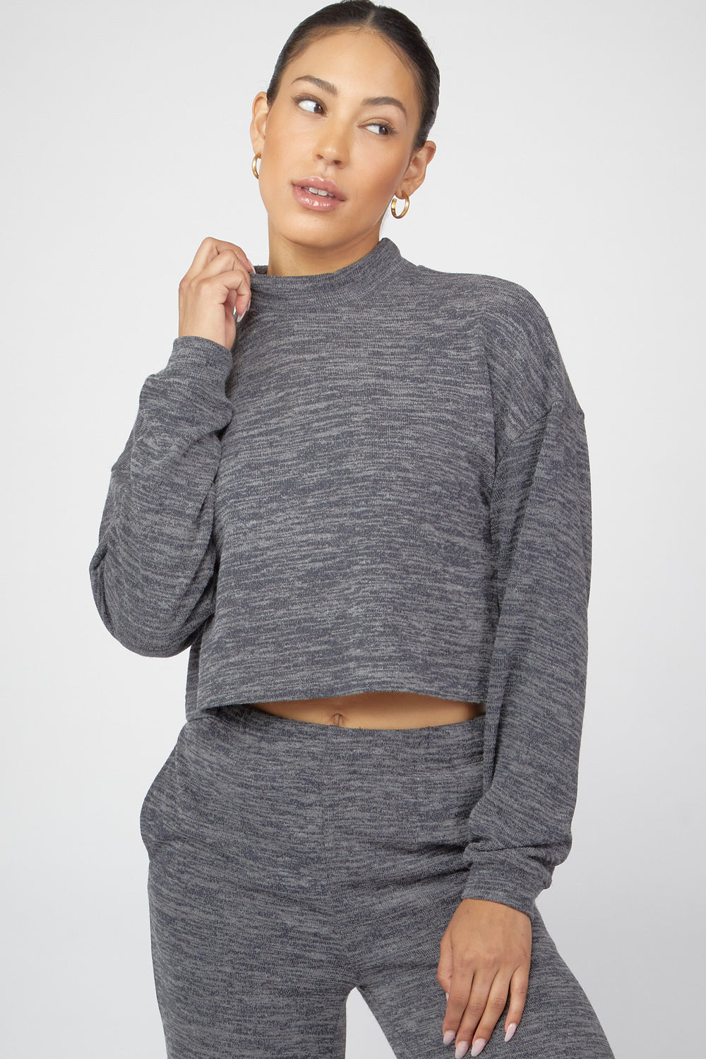 Mock Neck Sweater-Knit Pullover Charcoal