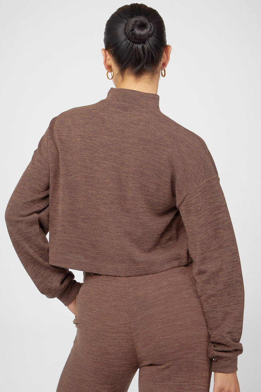 Mock Neck Sweater-Knit Pullover Dark Brown