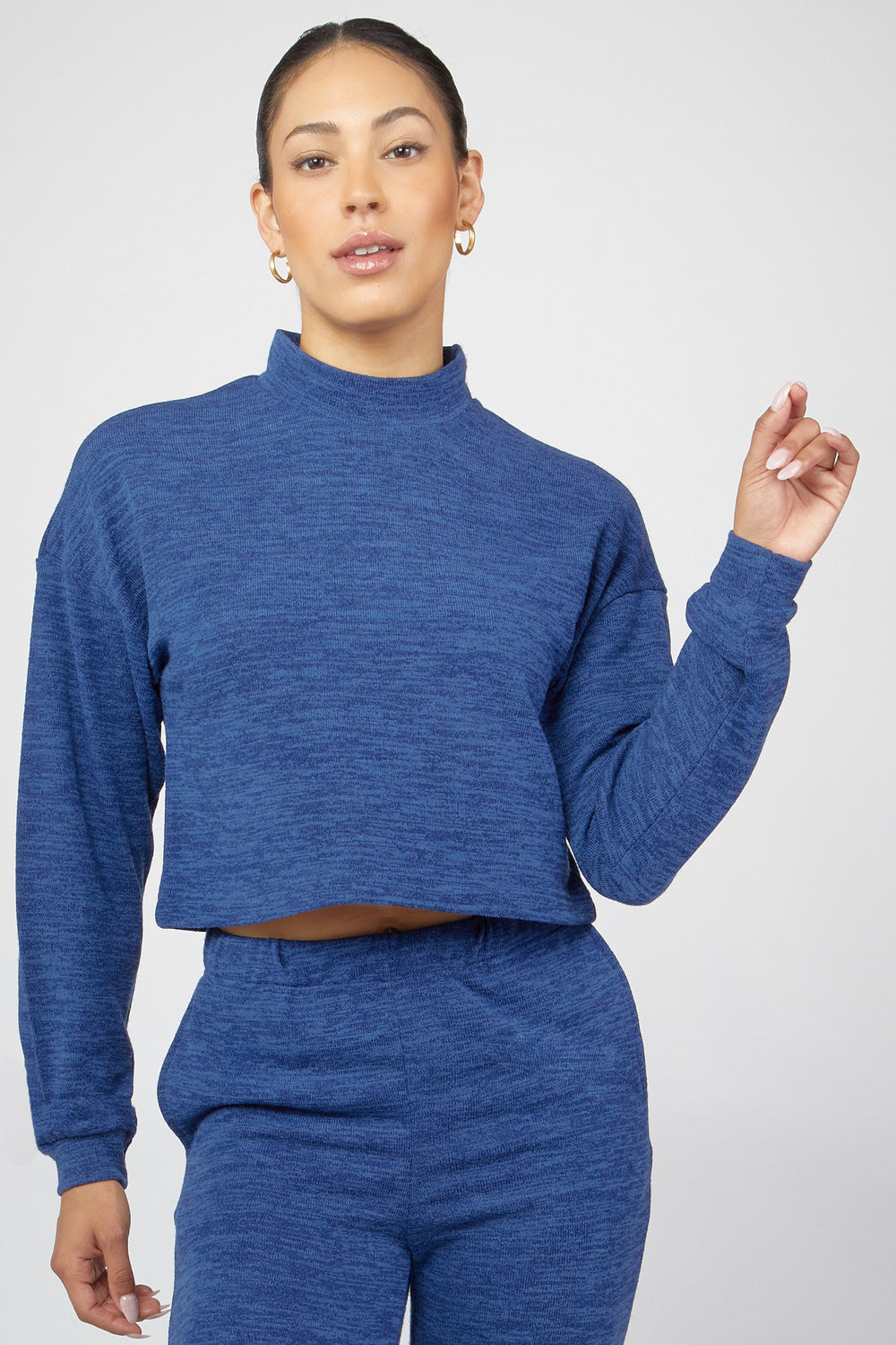 Mock Neck Sweater-Knit Pullover Navy