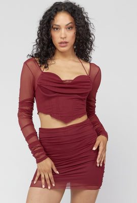 Link to Mesh Ruched Mini Skirt Wine
