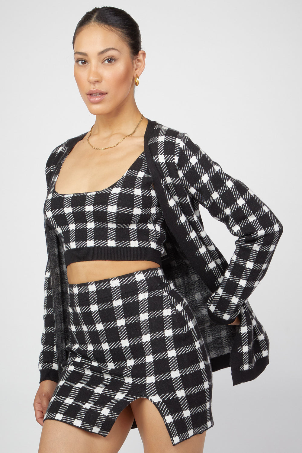 Checkered Tank & Cardigan Sweater Set Black