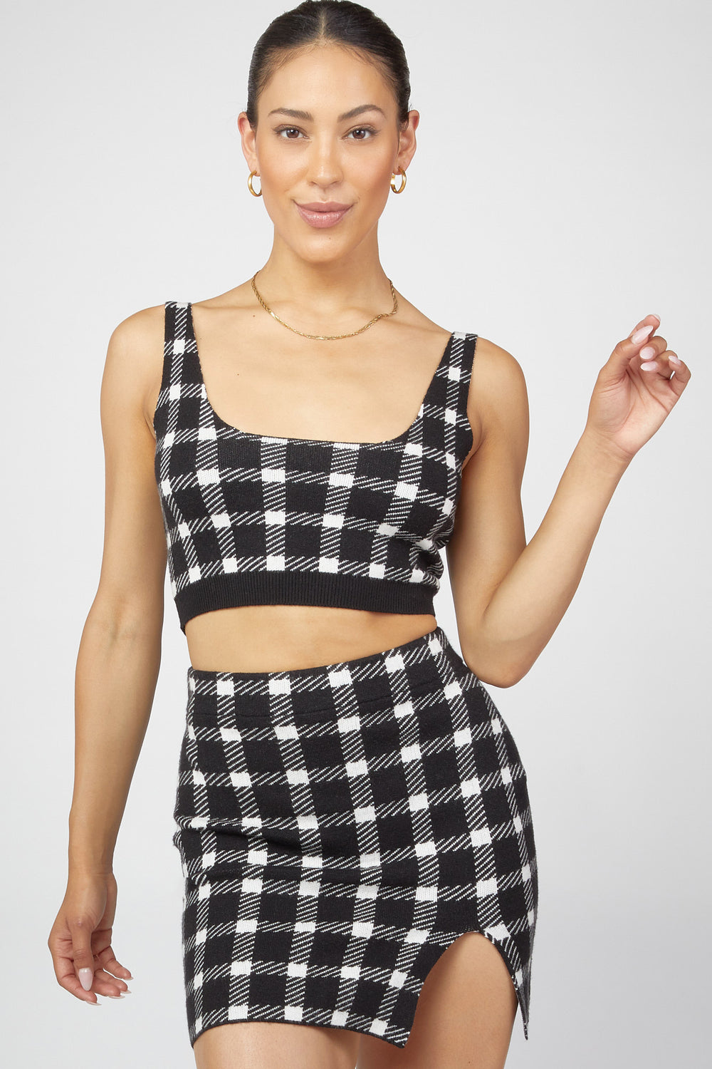 Checkered Tank & Cardigan Sweater Set Black