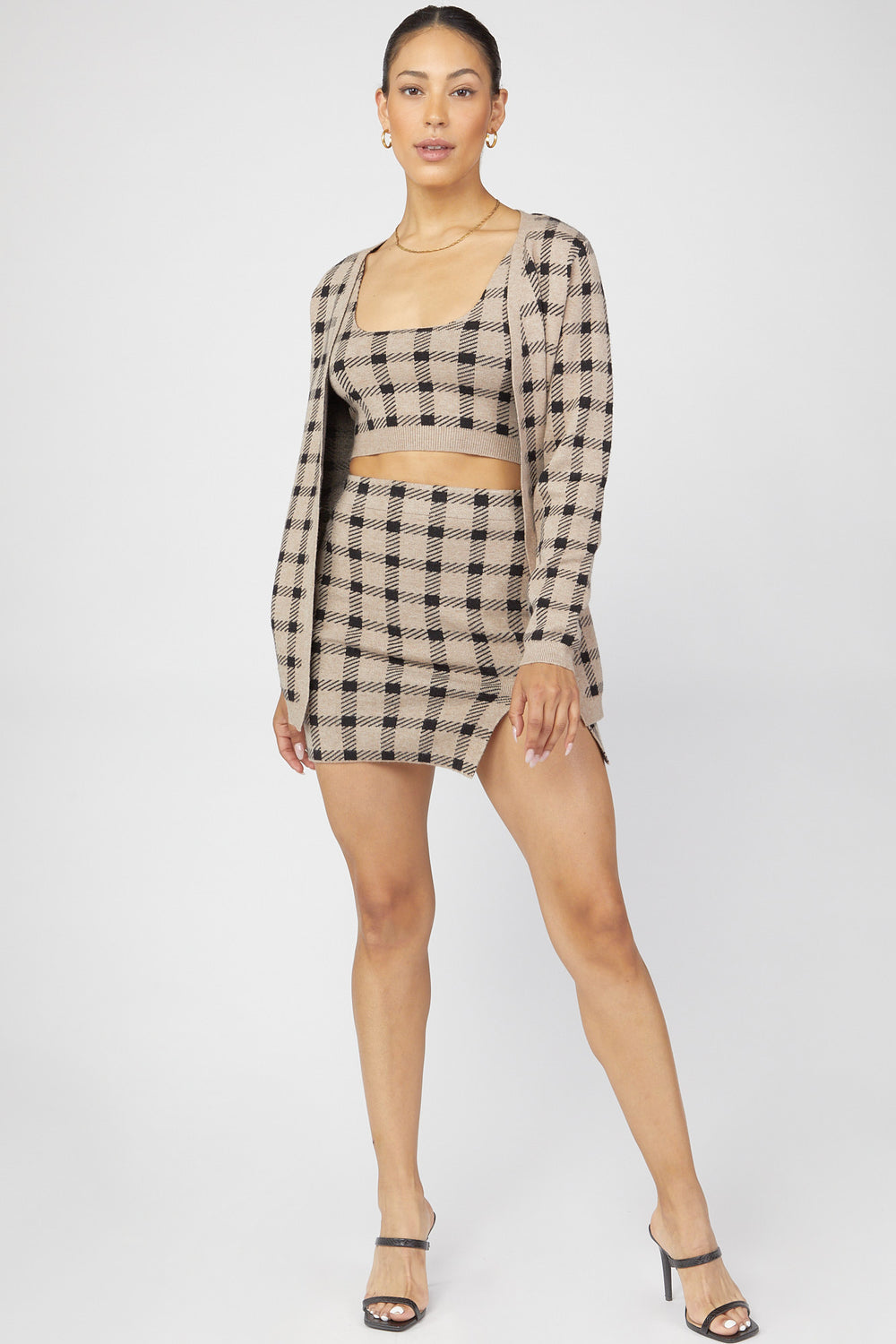 Checkered Tank & Cardigan Sweater Set Tan