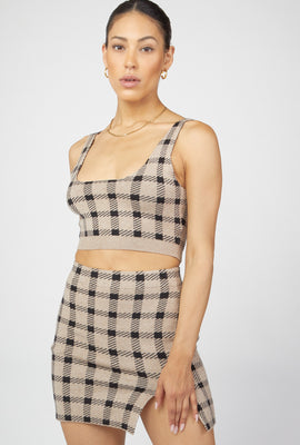 Link to Checkered Sweater-Knit Skirt Tan