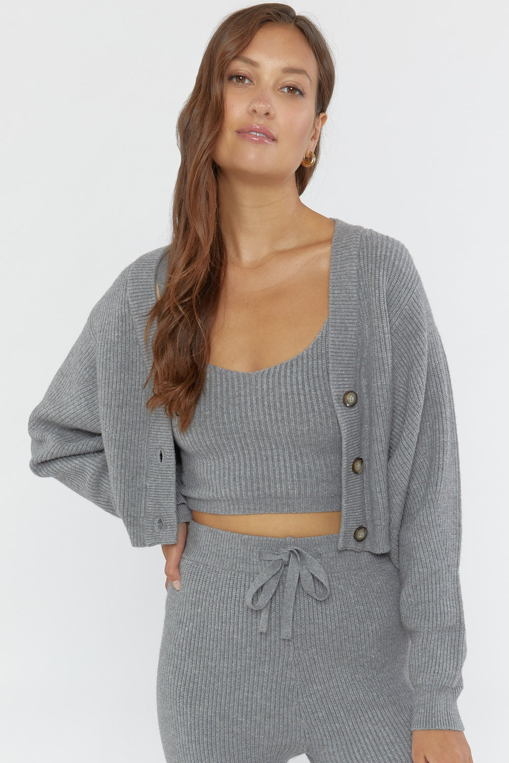 Ribbed Cami & Cardigan Sweater Set Heather Grey