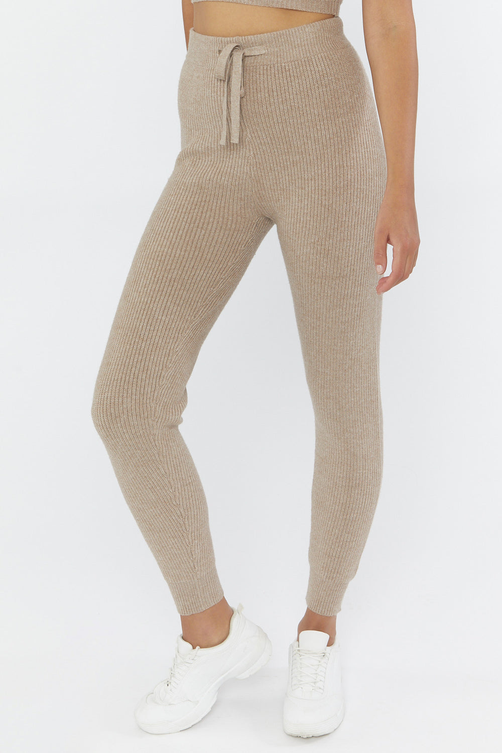 Ribbed Drawstring Sweater-Knit Pants Tan