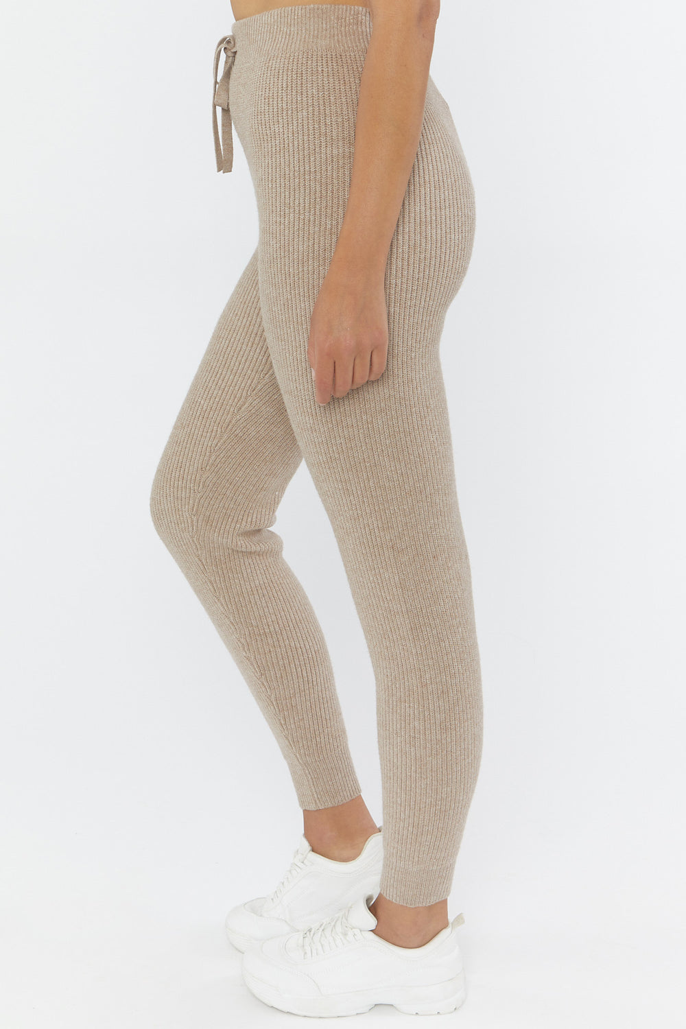 Ribbed Drawstring Sweater-Knit Pants Tan