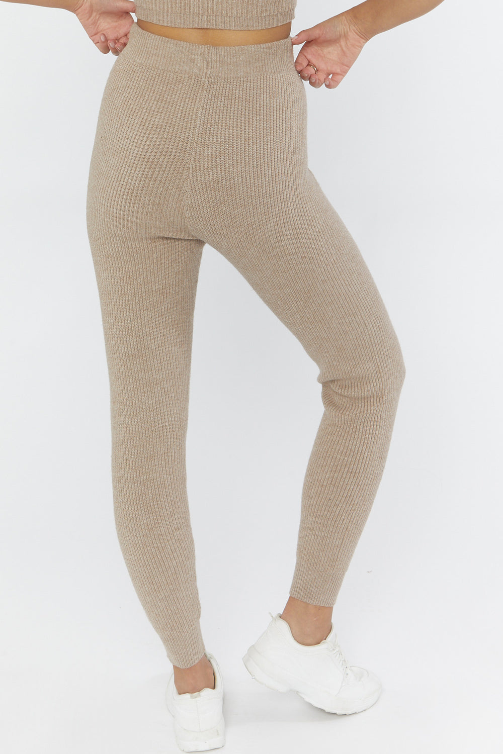 Ribbed Drawstring Sweater-Knit Pants Tan