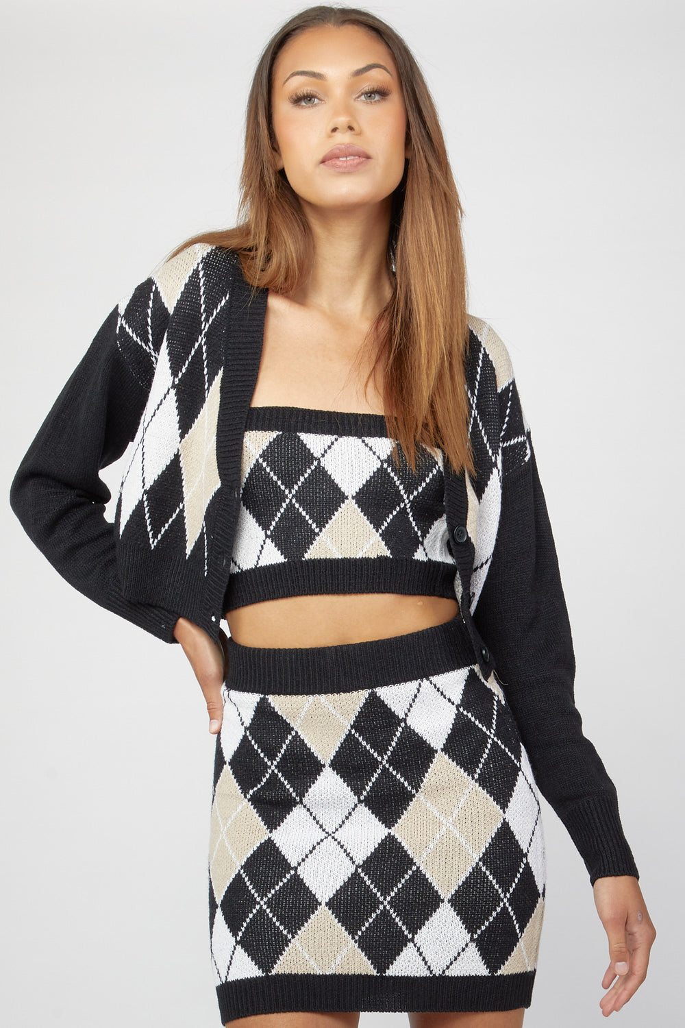 Argyle Tank & Cardigan Sweater Set Black