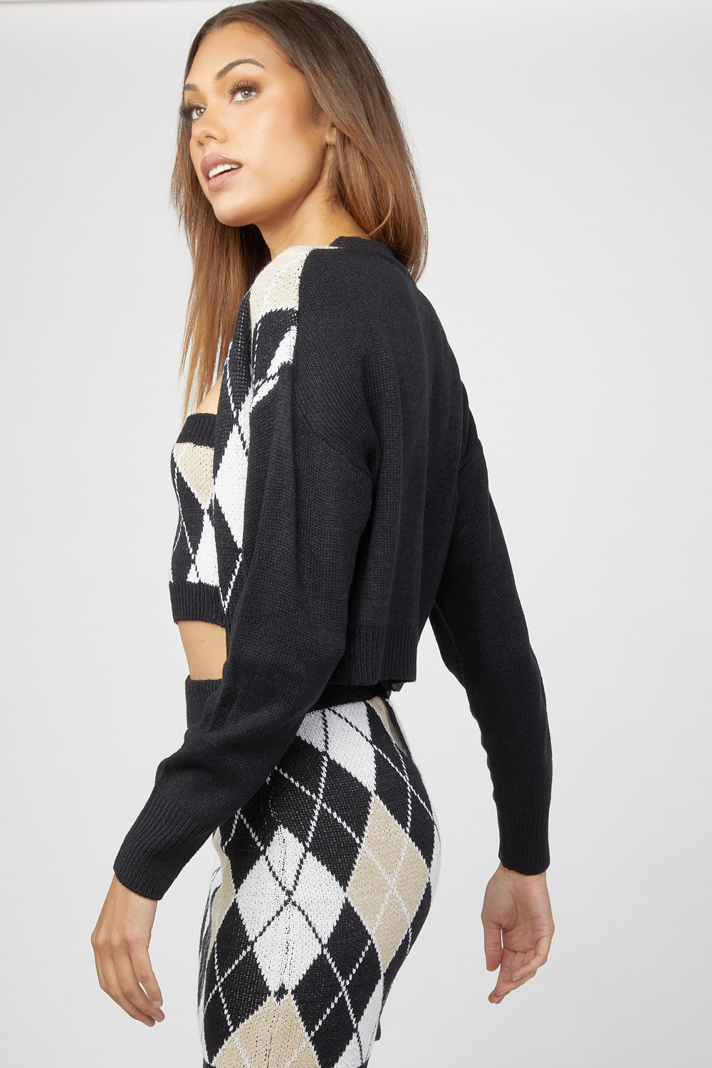 Argyle Tank & Cardigan Sweater Set Black