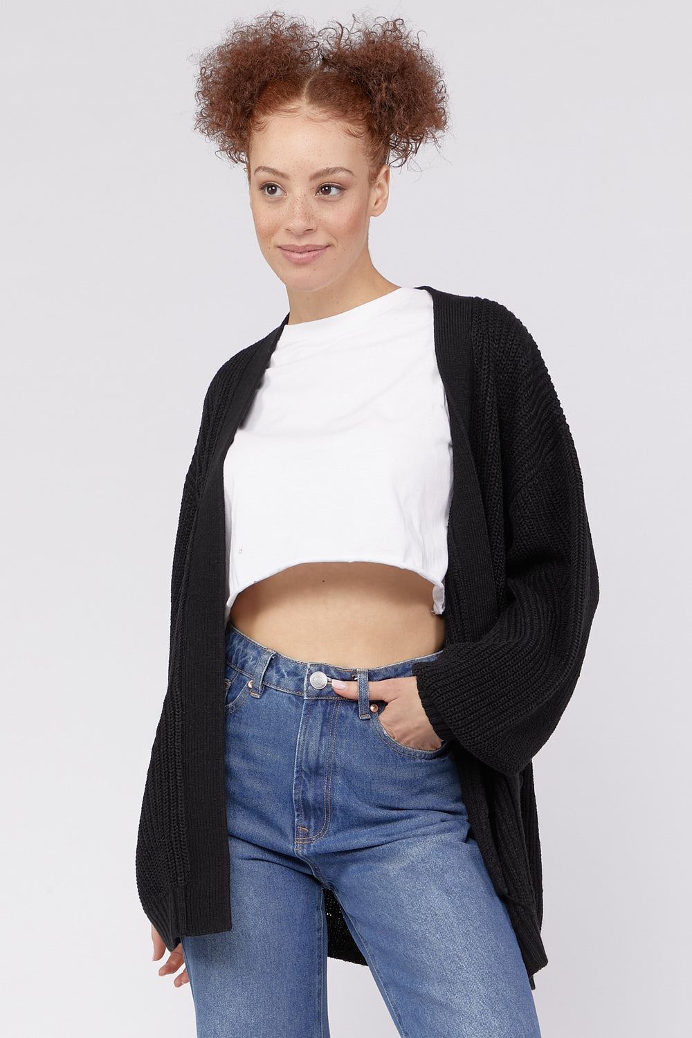Side Pockets Open-Front Cardigan Sweater Black