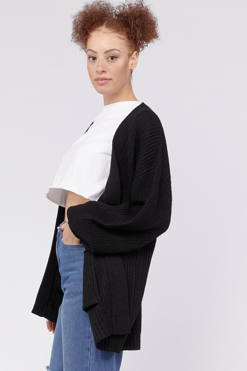 Side Pockets Open-Front Cardigan Sweater Black