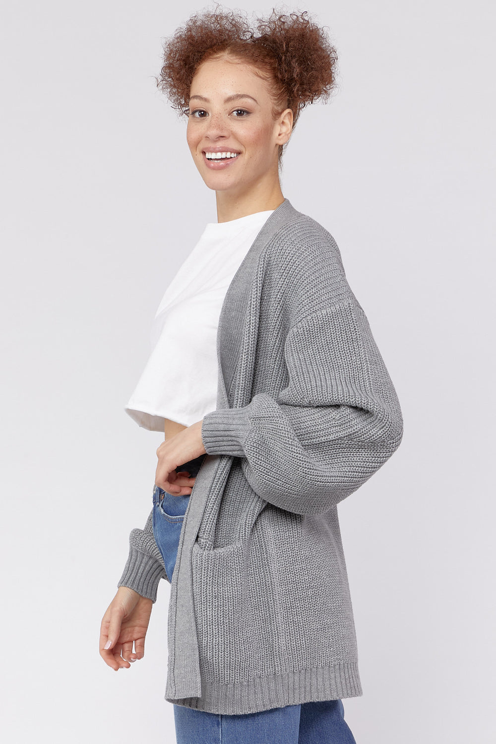 Side Pockets Open-Front Cardigan Sweater Heather Grey