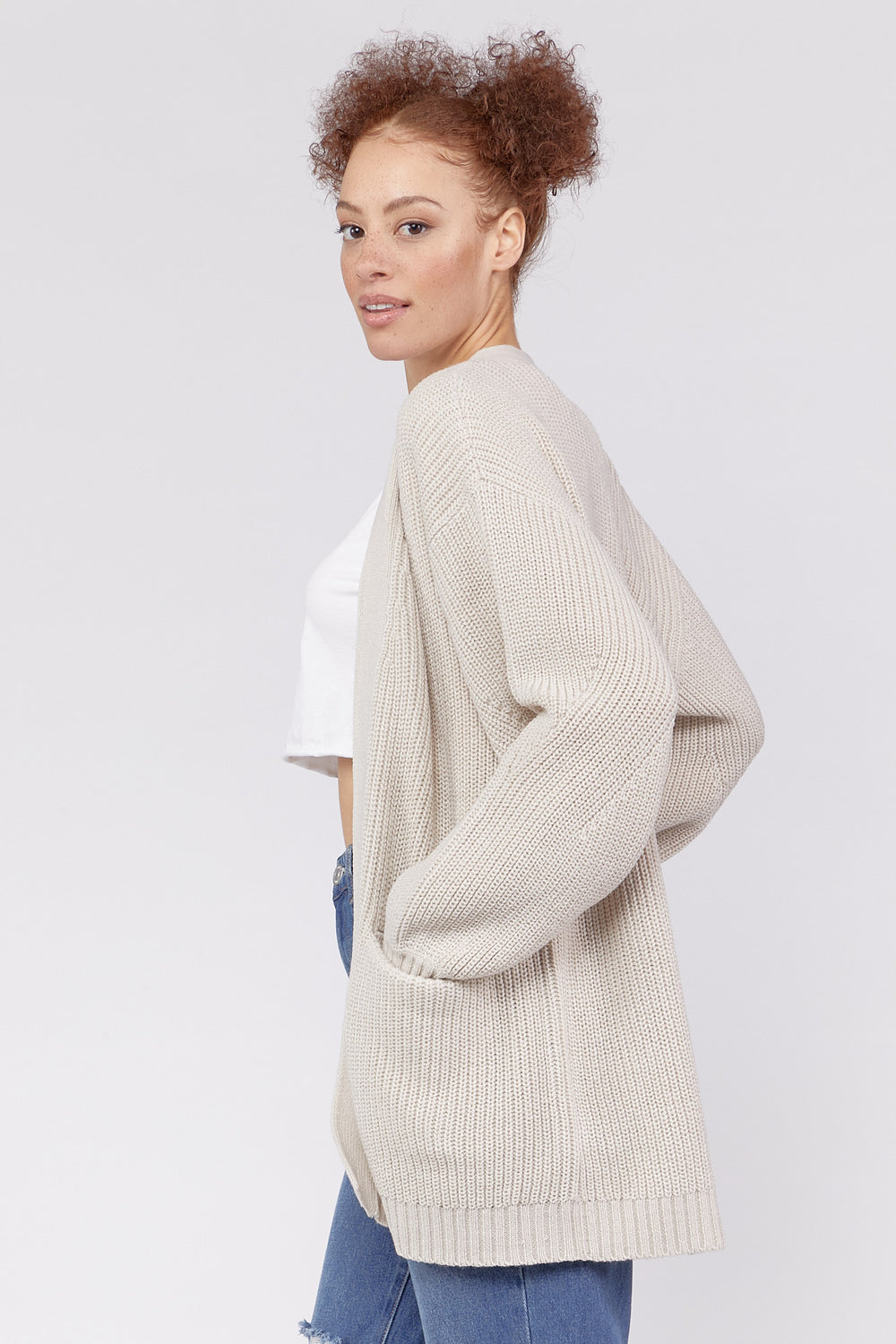 Side Pockets Open-Front Cardigan Sweater Cream