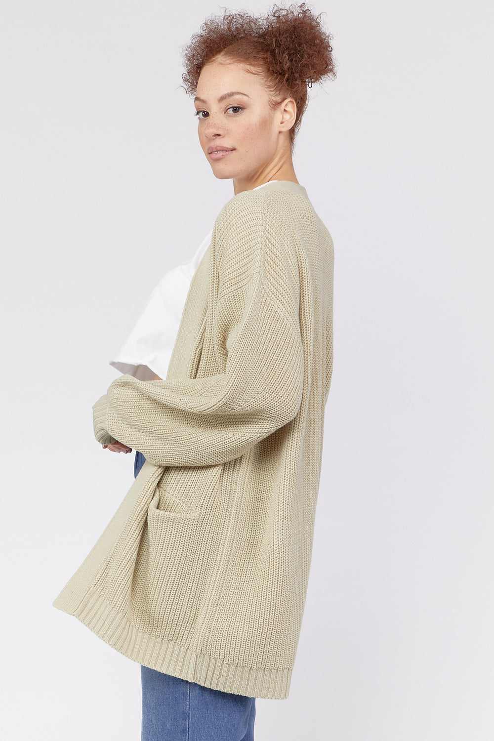 Side Pockets Open-Front Cardigan Sweater Tan