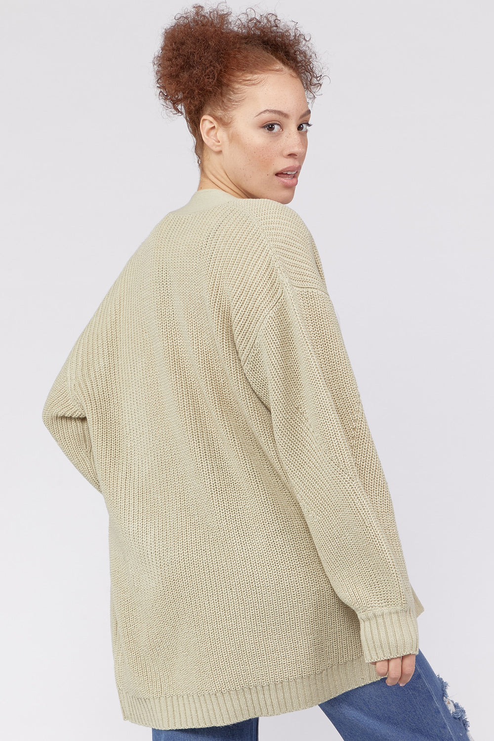 Side Pockets Open-Front Cardigan Sweater Tan