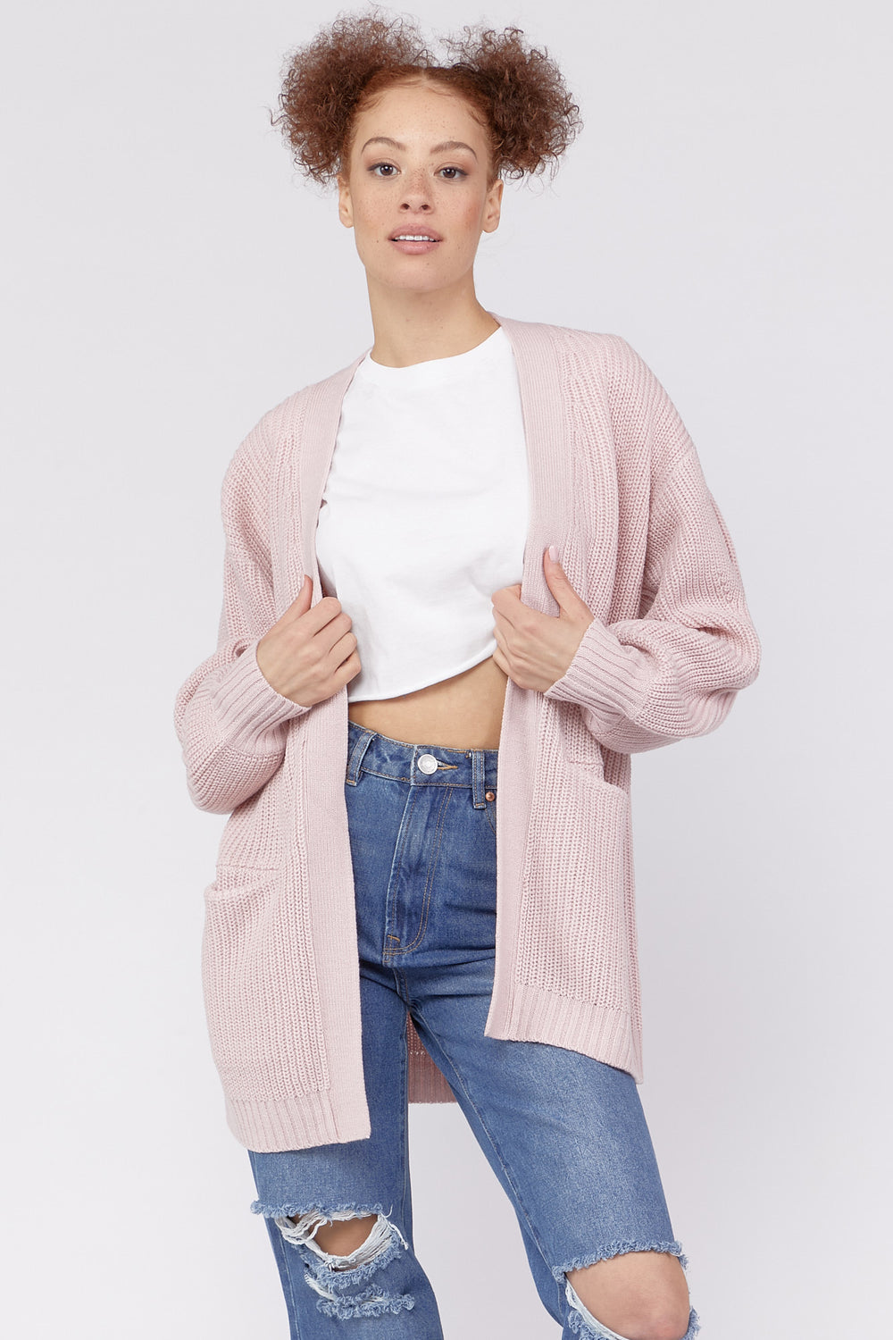 Side Pockets Open-Front Cardigan Sweater Rose