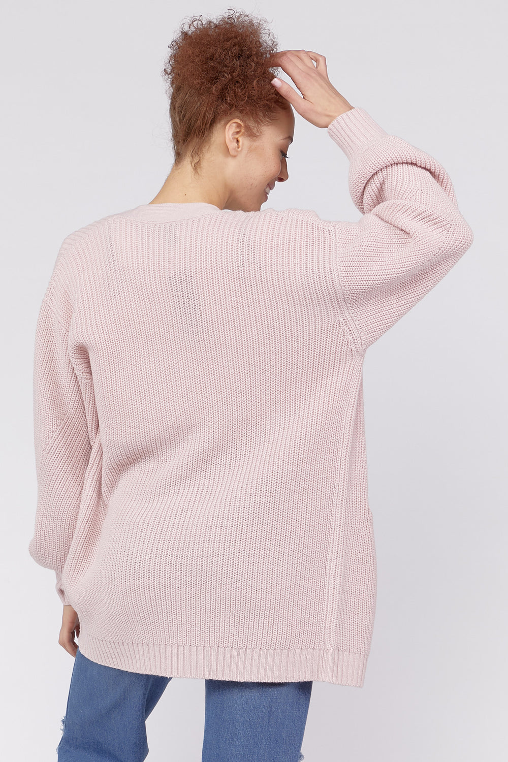 Side Pockets Open-Front Cardigan Sweater Rose