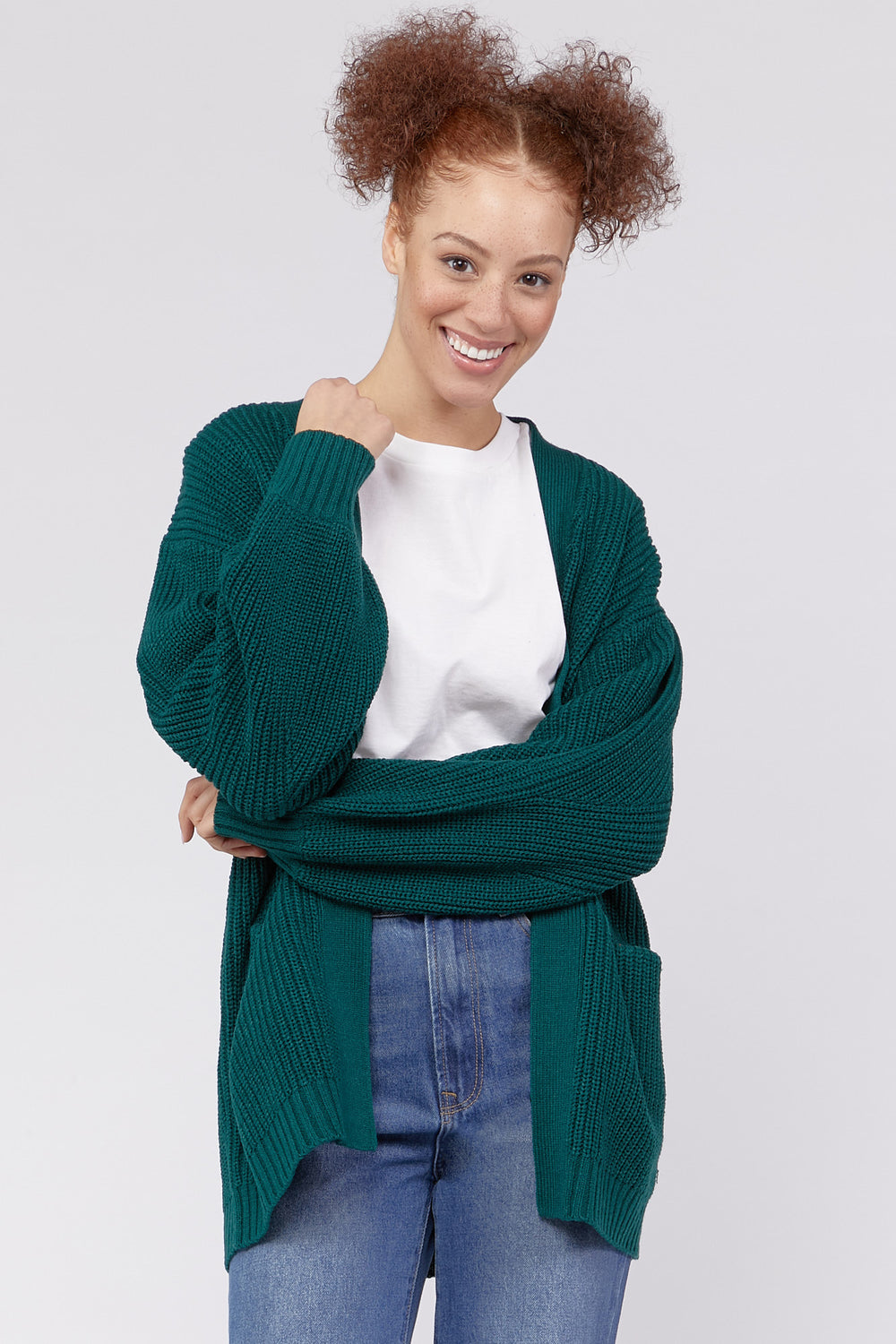 Side Pockets Open-Front Cardigan Sweater Hunter Green