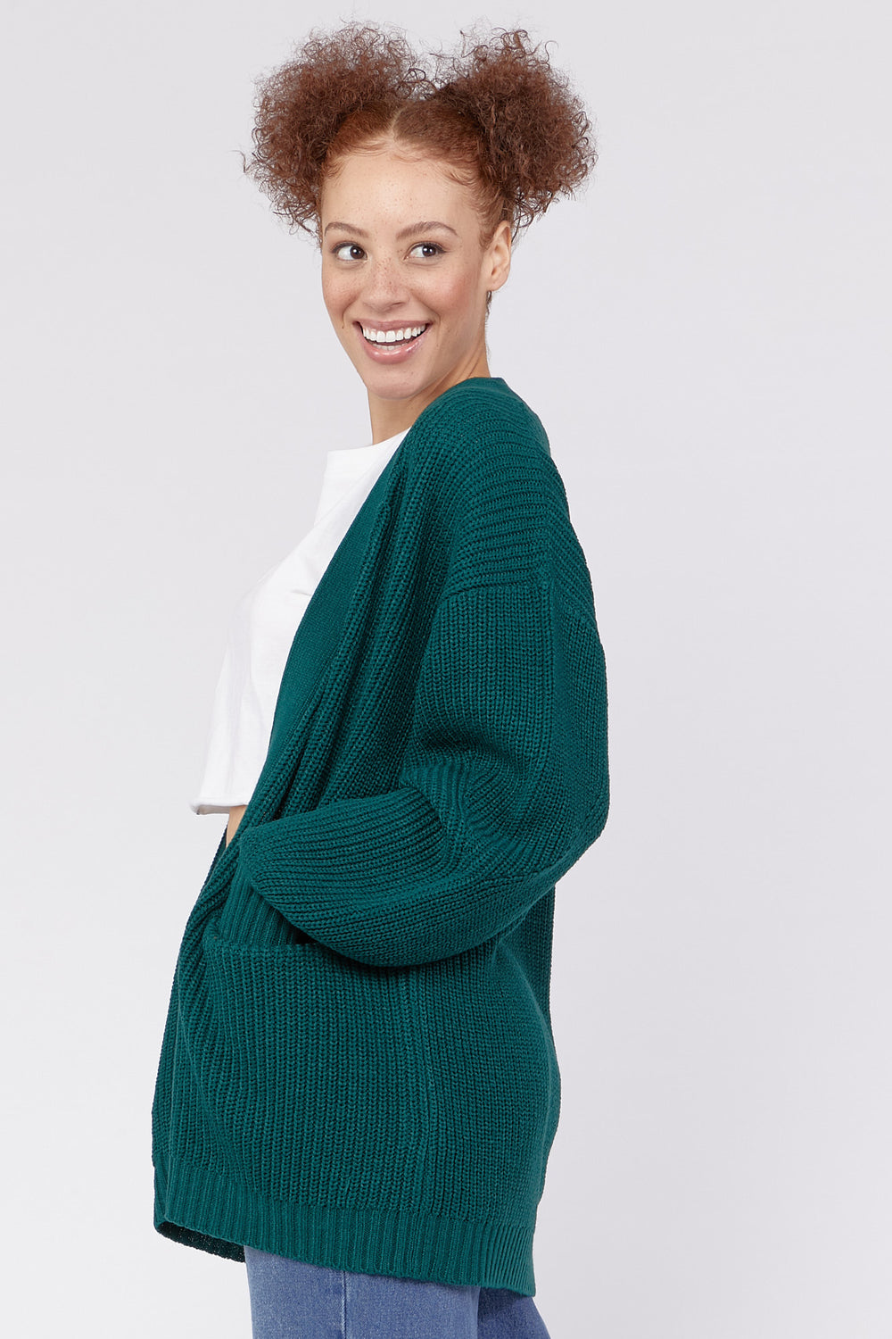 Side Pockets Open-Front Cardigan Sweater Hunter Green