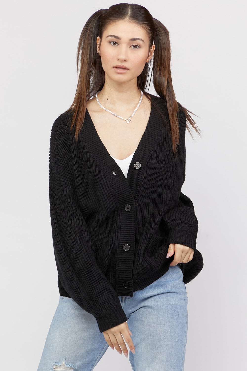 Chunky Button-Front Cardigan Sweater Black