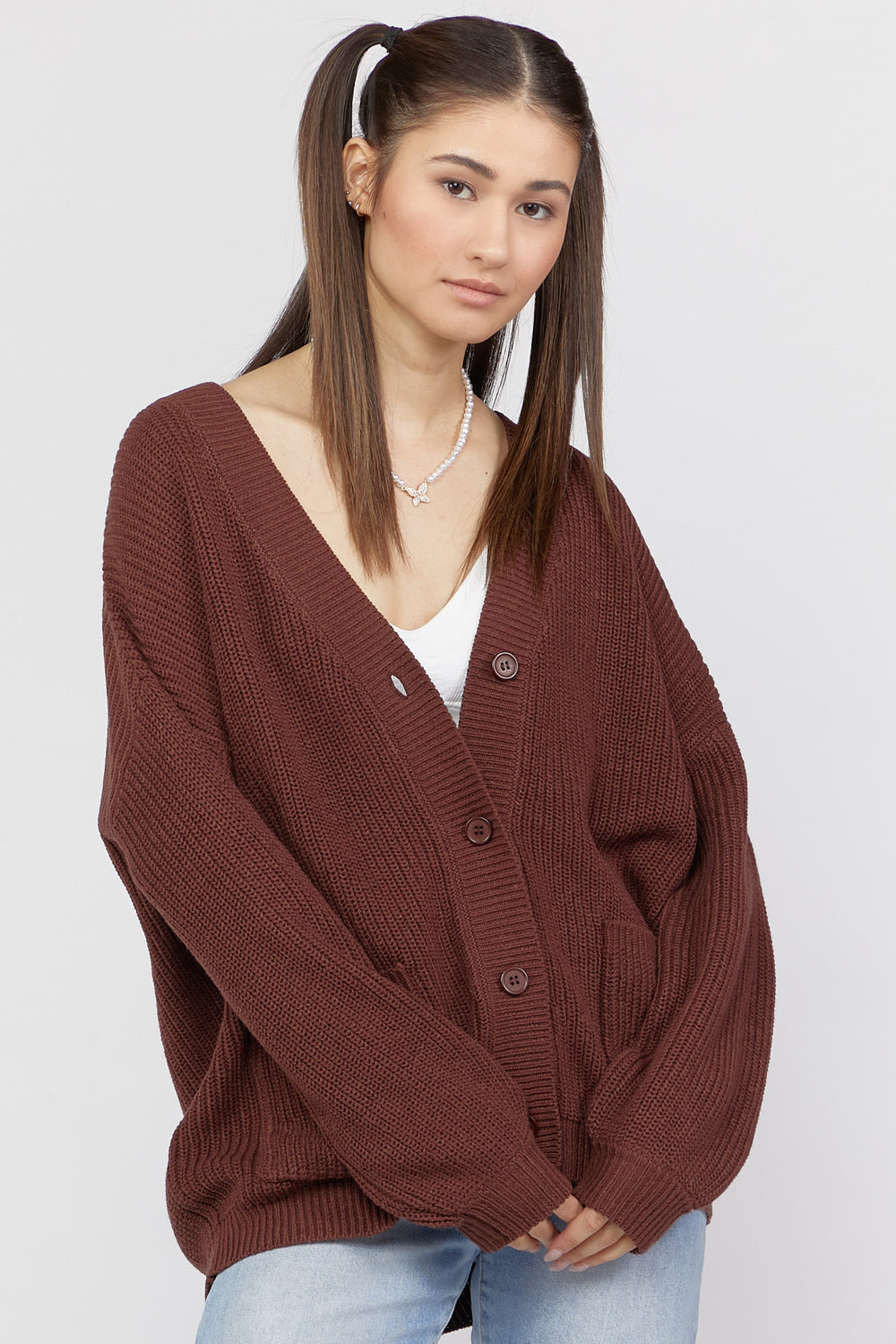 Chunky Button-Front Cardigan Sweater Brown
