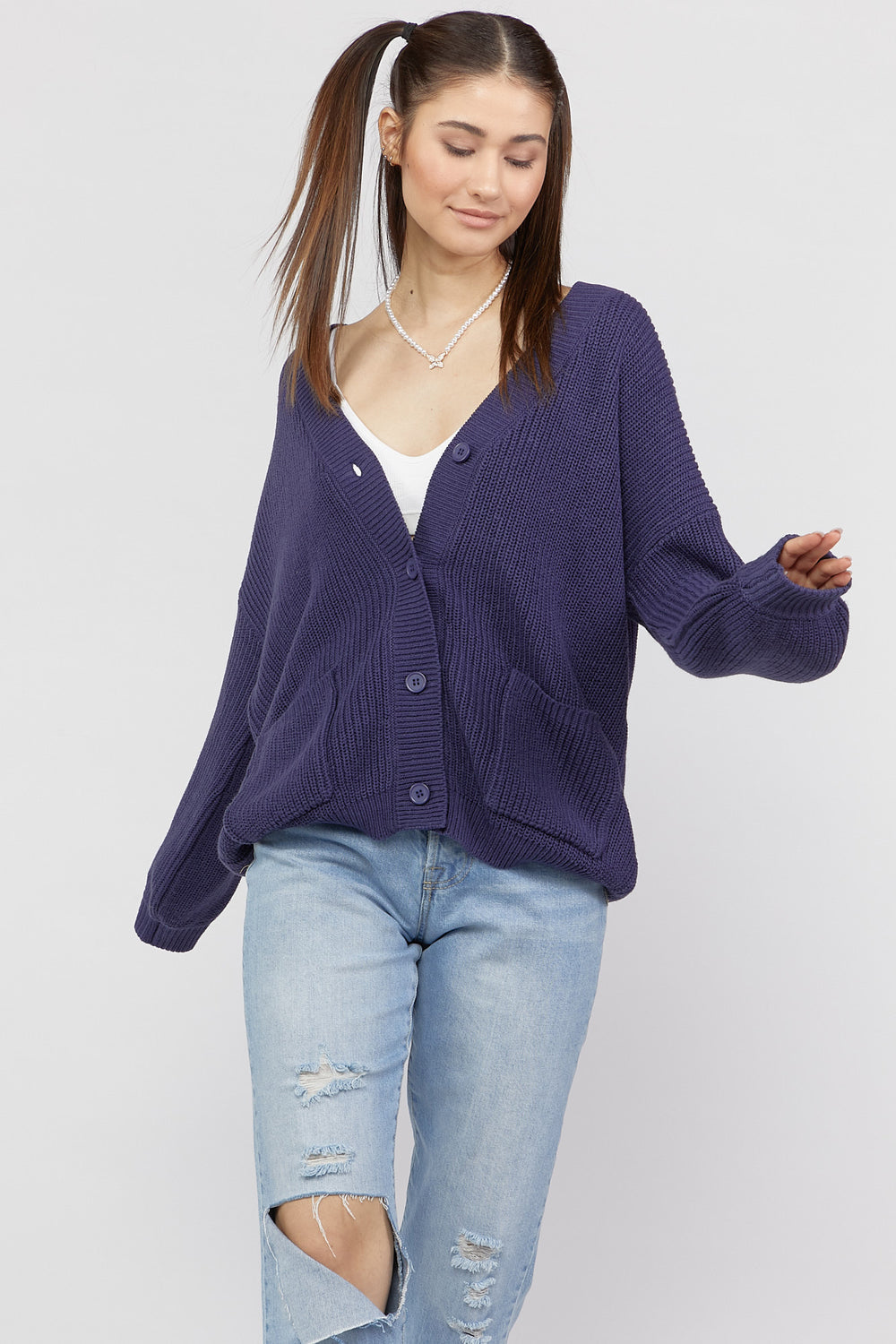 Chunky Button-Front Cardigan Sweater Navy