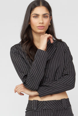 Link to Button-Front Cropped Blazer Pinstripe