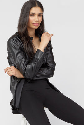 Link to Faux-Leather Button-Front Blazer Black