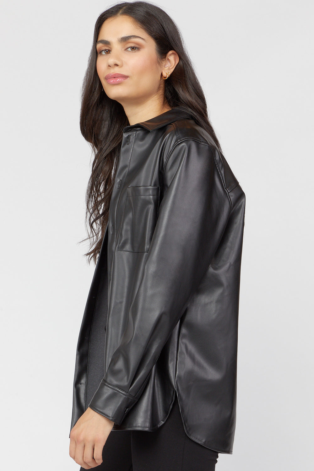 Faux-Leather Button-Front Shacket Black