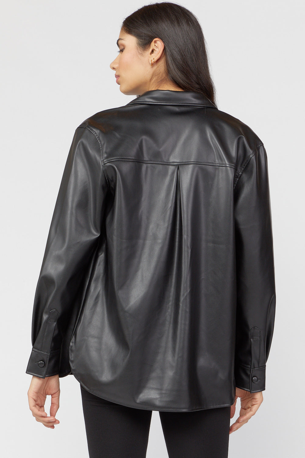 Faux-Leather Button-Front Shacket Black