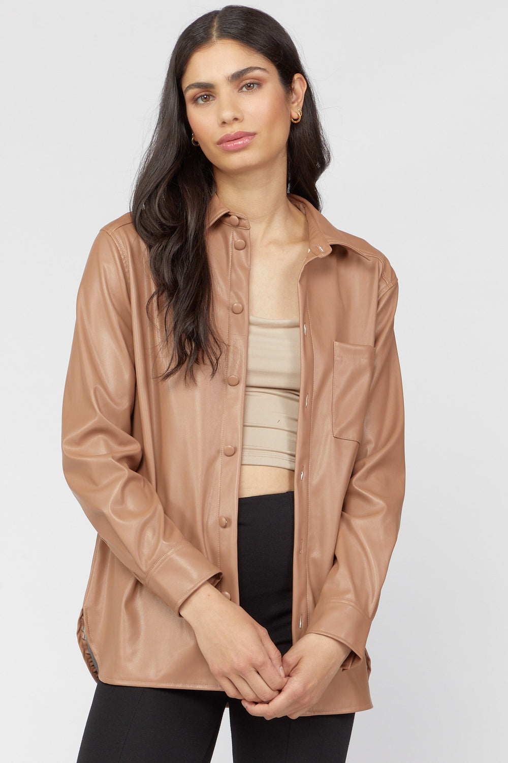 Faux-Leather Button-Front Shacket Brown