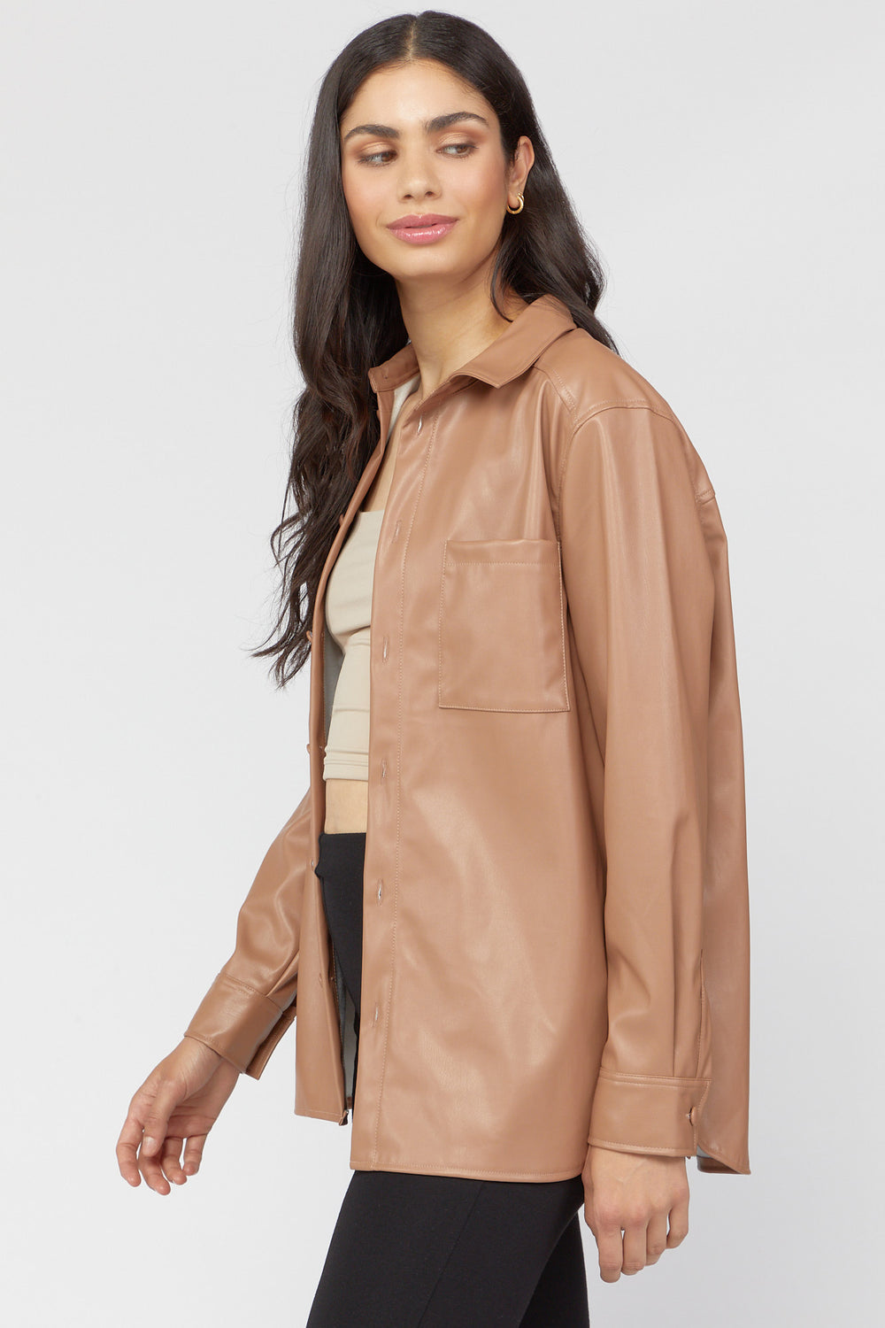 Faux-Leather Button-Front Shacket Brown