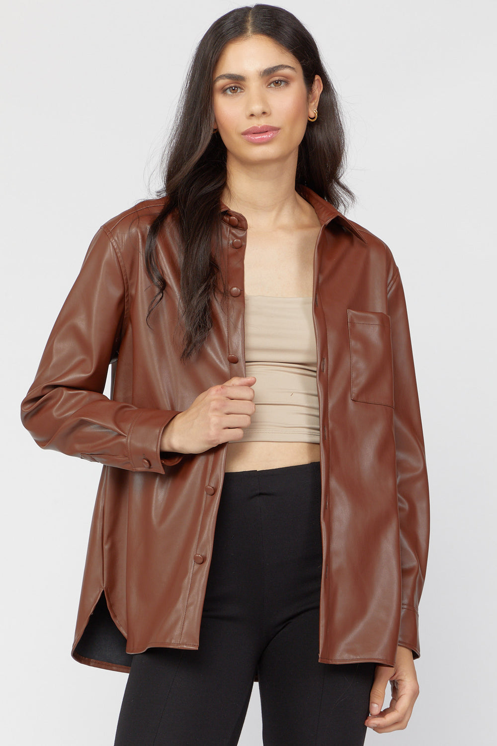 Faux-Leather Button-Front Shacket Dark Brown