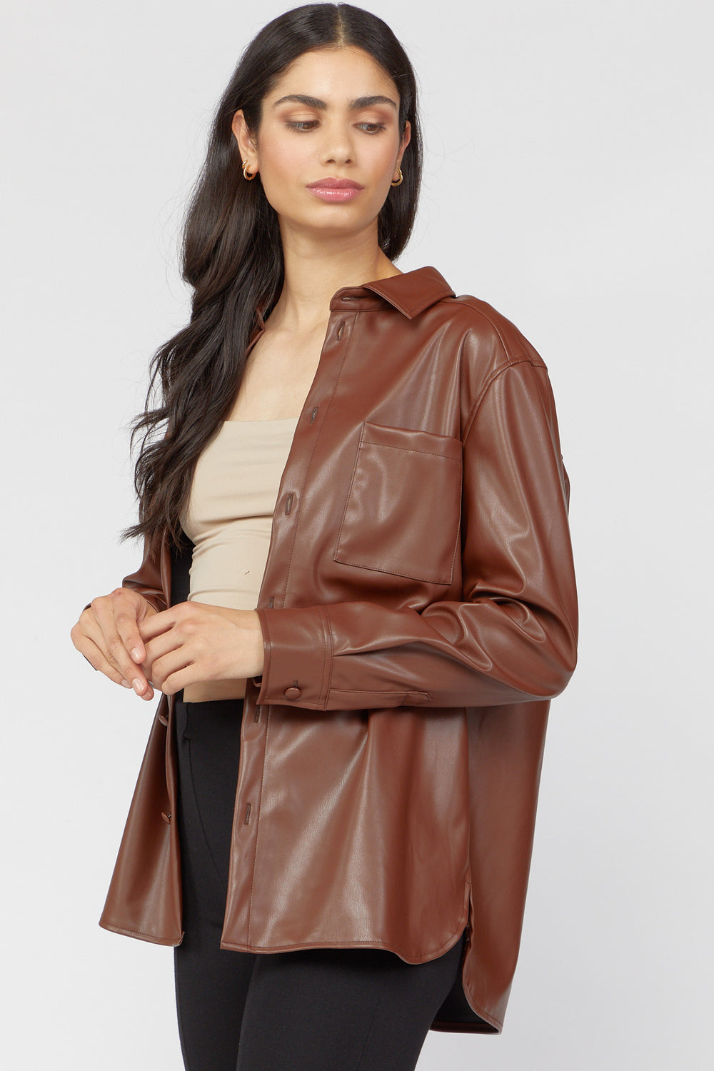 Faux-Leather Button-Front Shacket Dark Brown