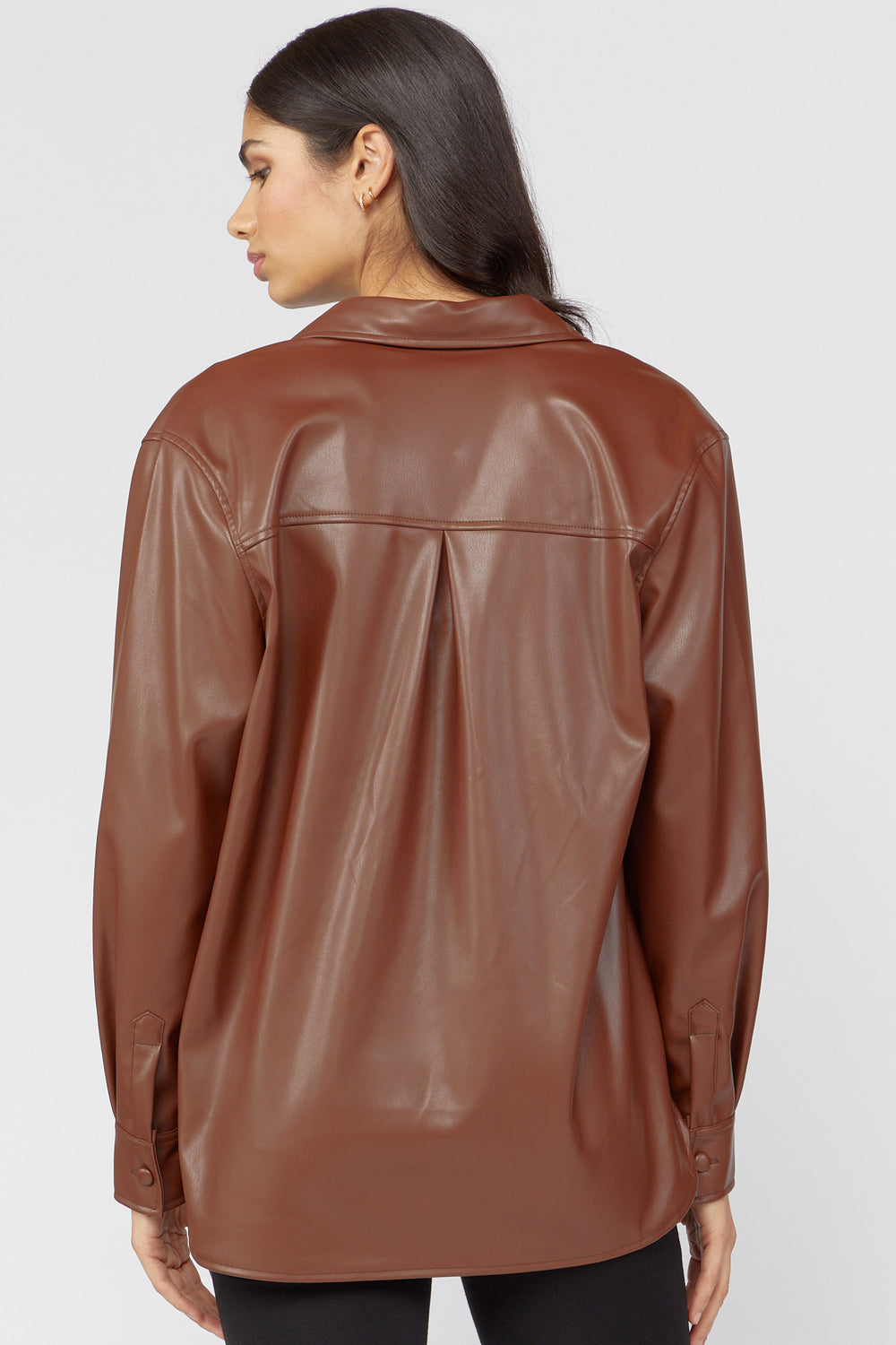 Faux-Leather Button-Front Shacket Dark Brown