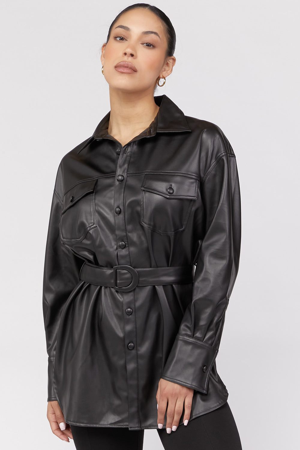 Faux Leather Belted Shacket Black