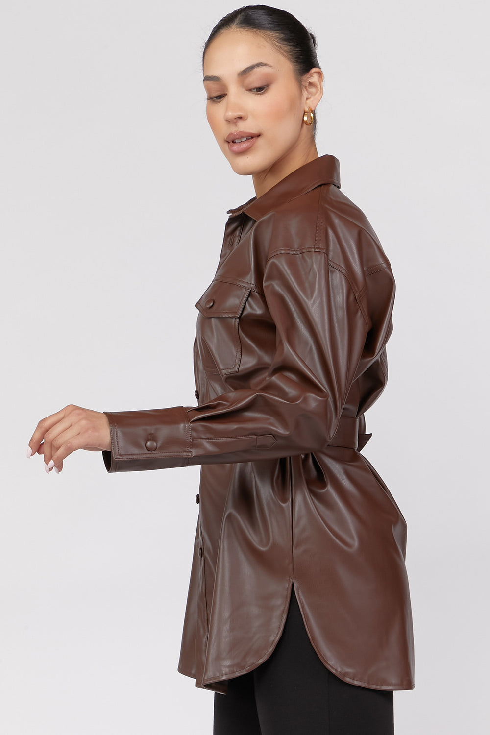 Faux Leather Belted Shacket Dark Brown