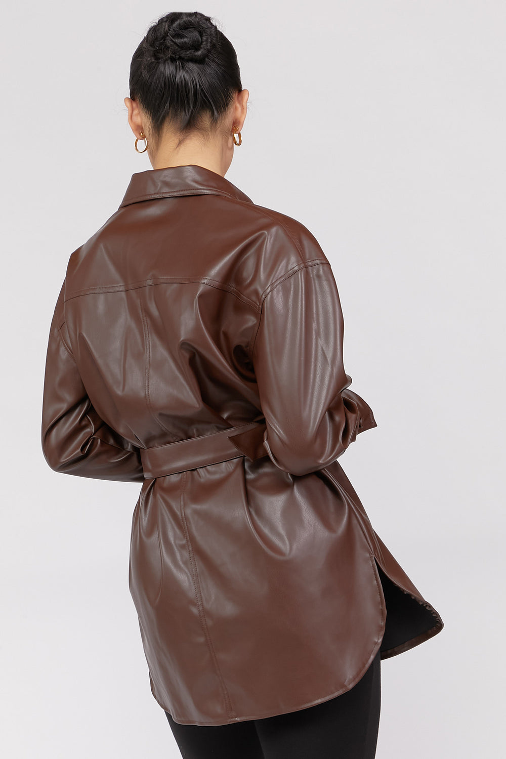 Faux Leather Belted Shacket Dark Brown