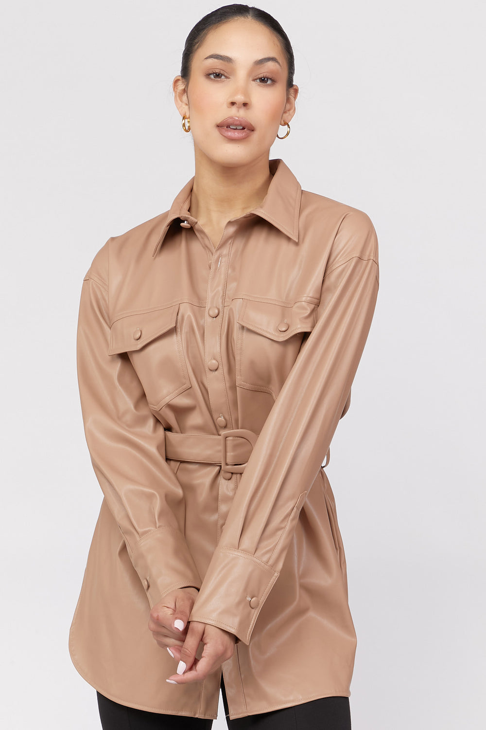 Faux Leather Belted Shacket Camel