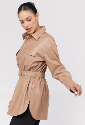 Link to Faux Leather Belted Shacket Camel