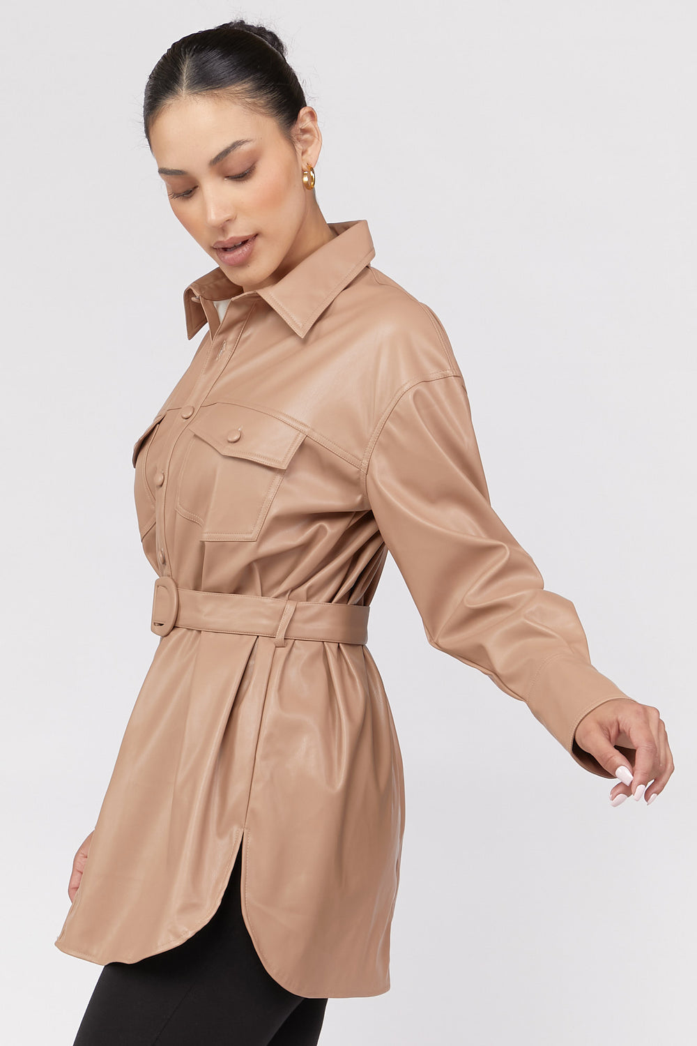 Faux Leather Belted Shacket Camel