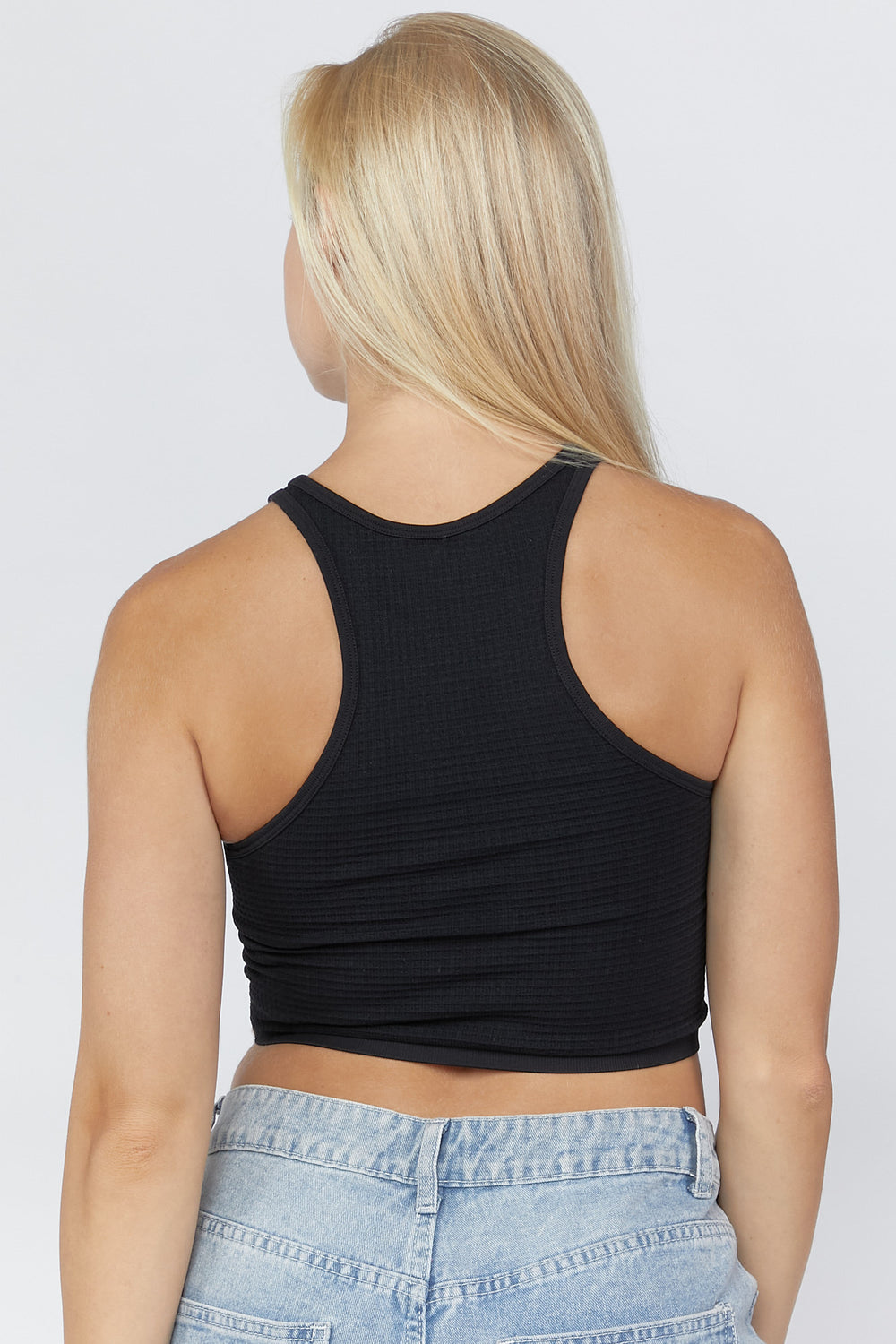 Waffle Knit Racerback Cropped Tank Black