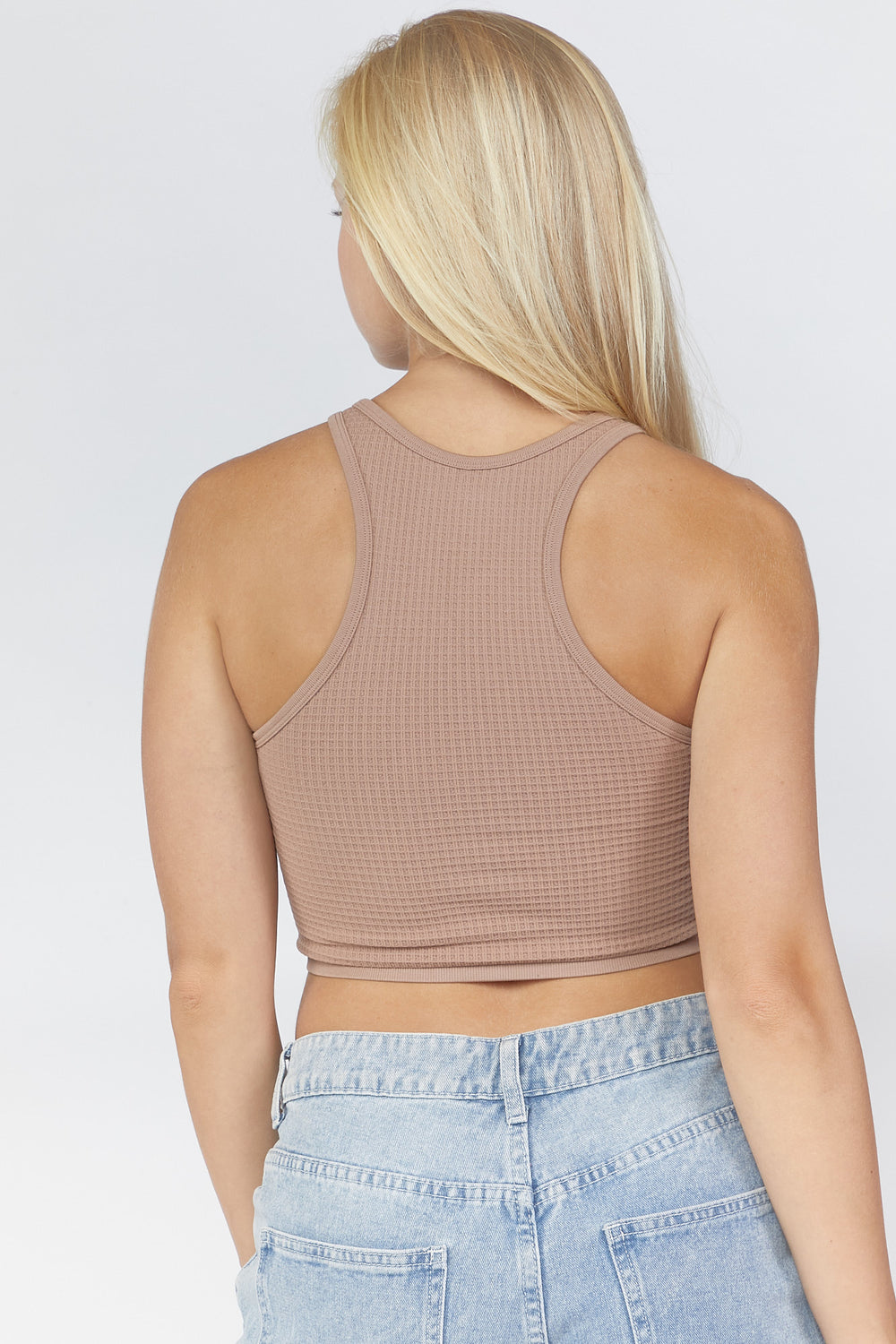 Waffle Knit Racerback Cropped Tank Brown
