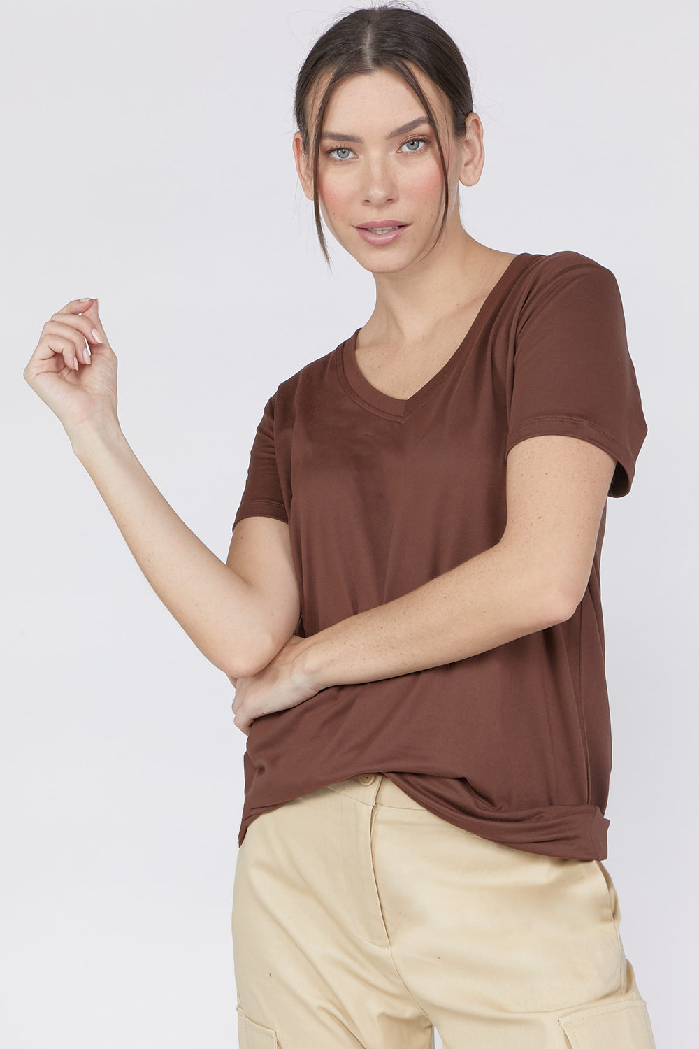 Basic V-Neck Short Sleeve Tee Dark Brown