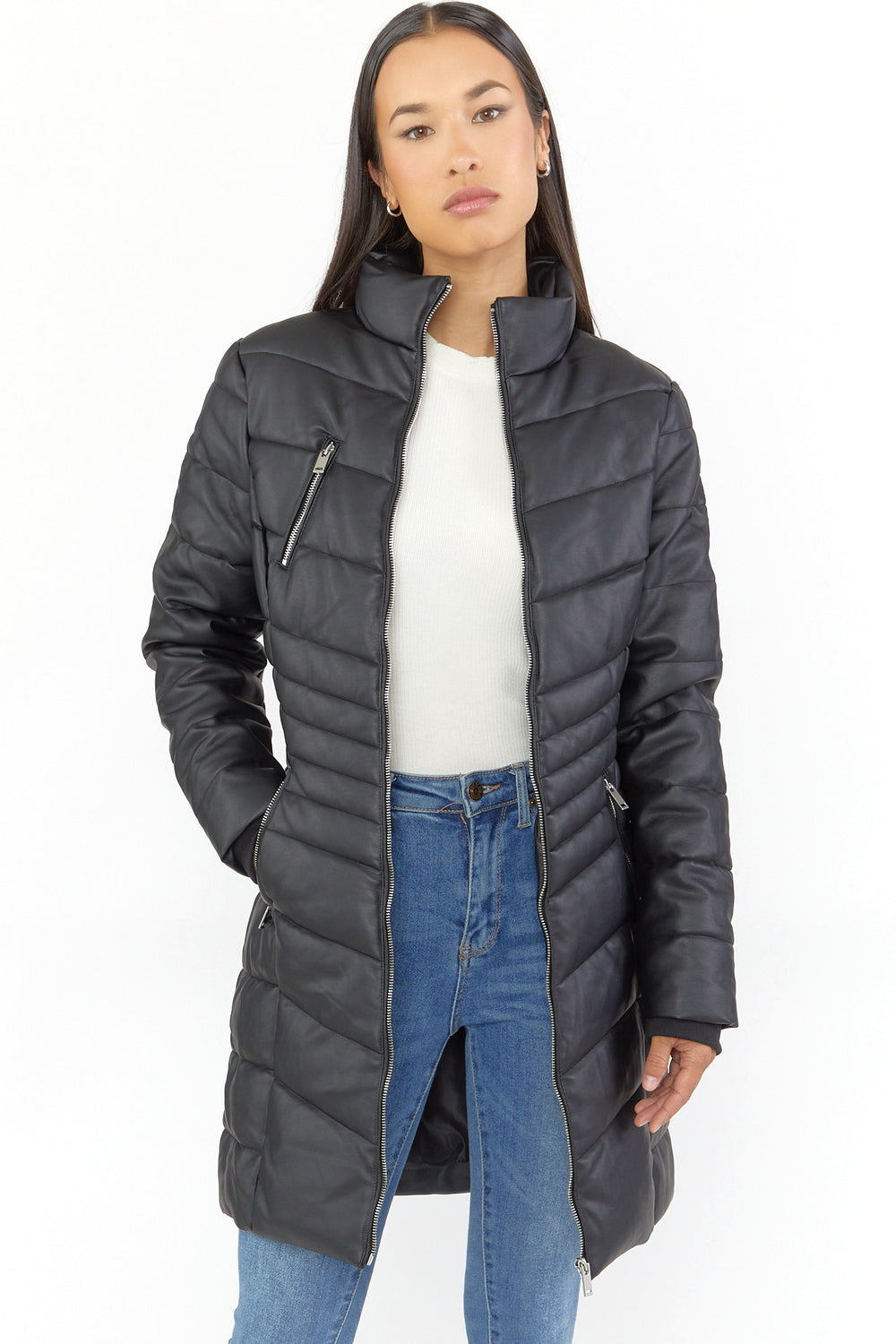 Faux Leather Puffer Midi Jacket Silver