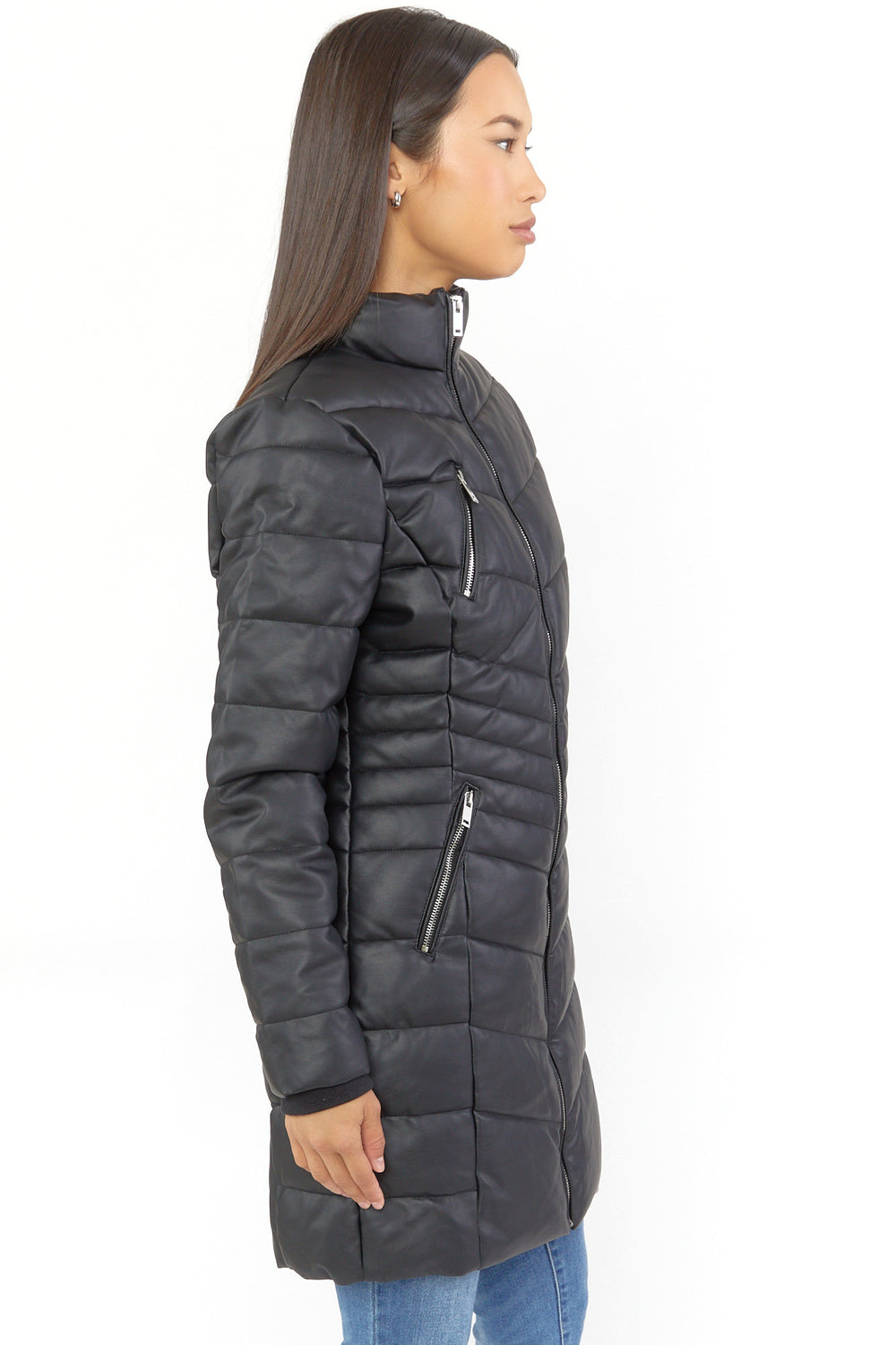 Faux Leather Puffer Midi Jacket Silver
