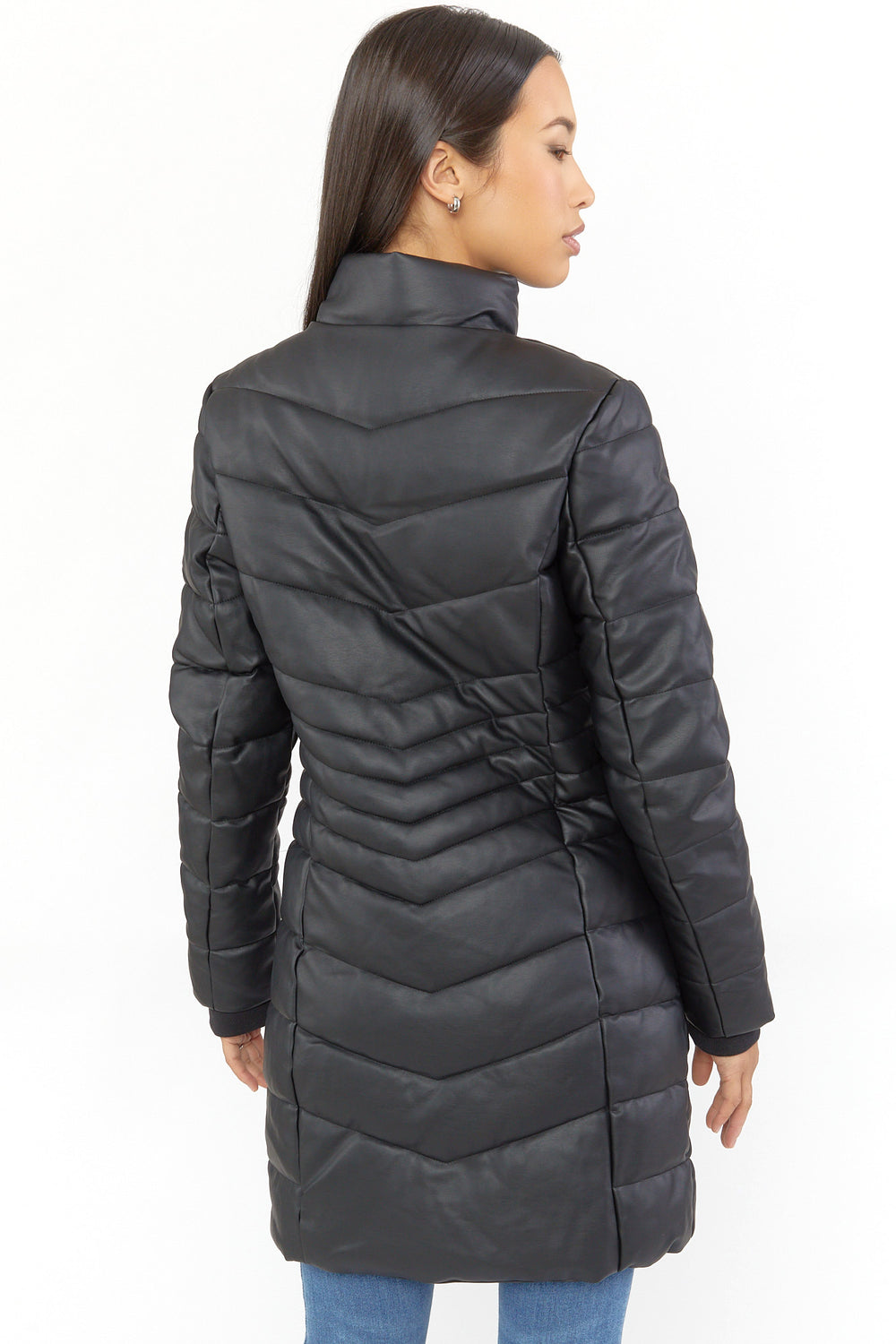 Faux Leather Puffer Midi Jacket Silver