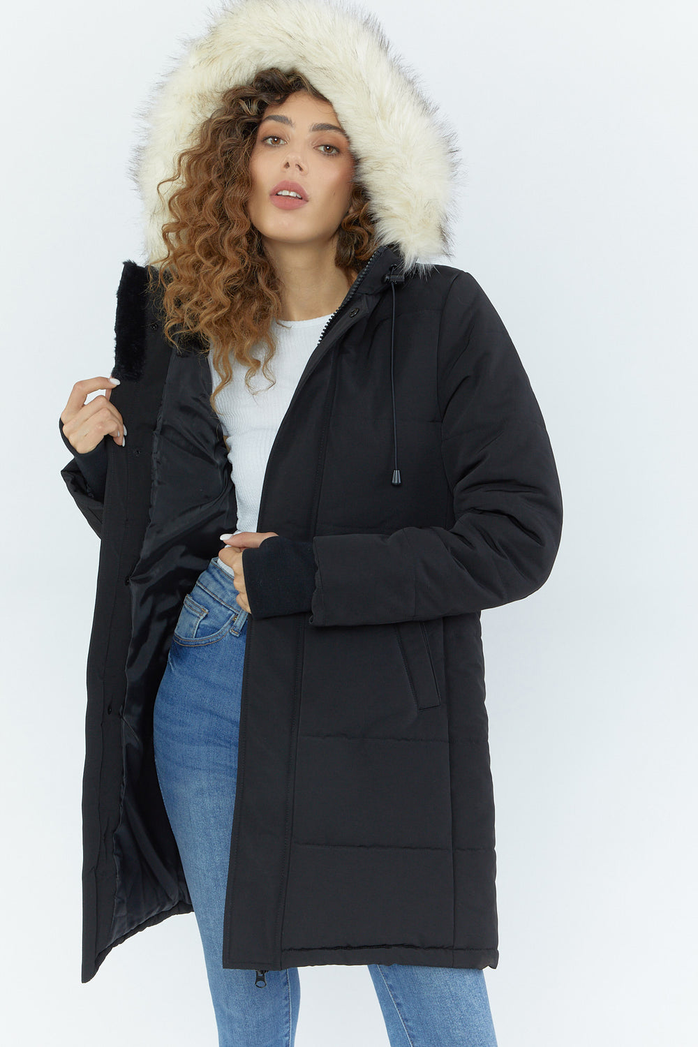 Faux-Fur Hooded Puffer Parka Black